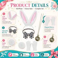 White Rabbit Costume Accessory Set, Includes Rabbit Ear Headband, Tail, Pocket Watch 5-Piece Premium Set: Bow Tie, Gloves, Fluffy Ears & Tail | Comfortable Fit | Suitable For Adult Halloween And Easter Cosplay Outfits - Multicolor - View 5