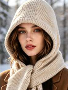 Hooded Knit Scarf, One‑Piece Hat Scarf Combo, Ribbed Knit Scarf With Hood, Winter Head And Neck Wrap Accessory, Multi‑Color Option For Cold Weather Daily Winter Outfit Matching - Multicolor - View 13