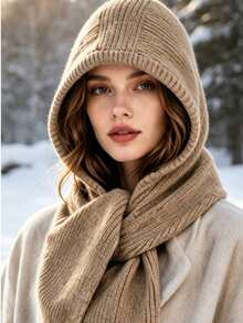 Hooded Knit Scarf, One‑Piece Hat Scarf Combo, Ribbed Knit Scarf With Hood, Winter Head And Neck Wrap Accessory, Multi‑Color Option For Cold Weather Daily Winter Outfit Matching - Multicolor - View 15