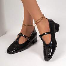 Women's Square Toe Glossy Mary Jane Shoes With Buckle T-Strap And Chunky Heel, Daily Commute Versatile Low Vamp Shoes - Black - View 2