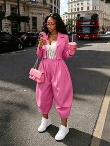 Fashion Pink Women's Suit Set, Short Lapel Blazer With Pleated Harem Pants, Regular Sleeves, Autumn Party 2 Pieces Set, Suitable For Daily, Commute, Holiday Fashion Occasions - Pink - View 8