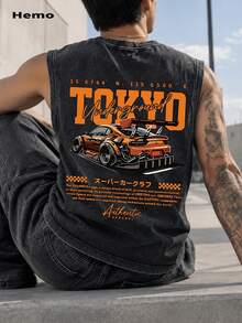Hemo, Summer Men's Street Racing Graphic Top, Slightly Elastic Black Crew Neck Tank Top, Casual Daily Wear Vest - Black - View 1