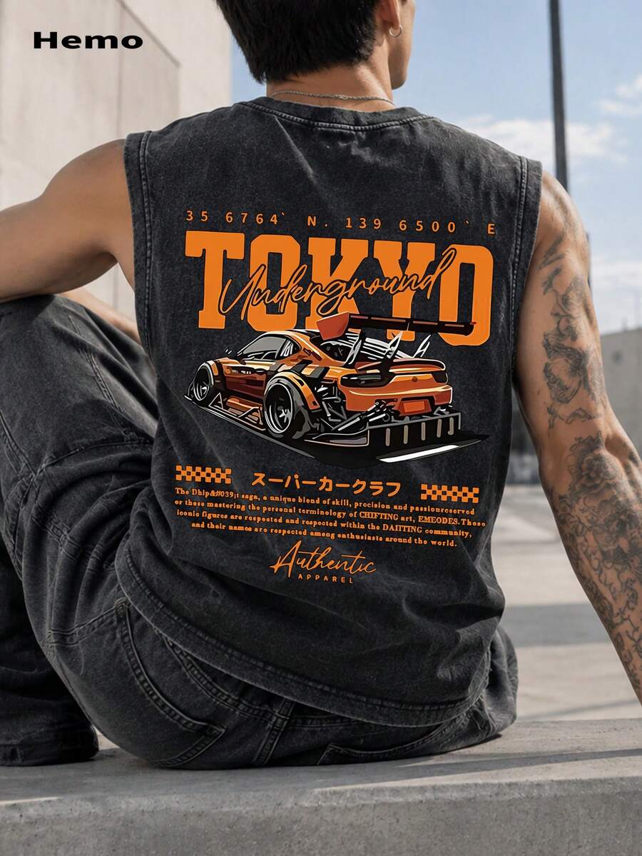 Hemo, Summer Men's Street Racing Graphic Top, Slightly Elastic Black Crew Neck Tank Top, Casual Daily Wear Vest - Black - View 1