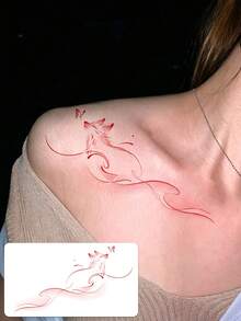 1 Sheet Red Line Art Fox Temporary Tattoo, Delicate Butterfly Fake Tattoo Stickers For Collarbone Shoulder, Water Transfer Body Art Tattoo For Women Party Decor - Red - View 1