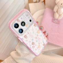 Kavenfort Rose Pink Starry Sky Cartoon Rabbit Bear Phone Case, Compatible With Apple 18 Pro, 17 Pro, Full Coverage Design, 15 Pink Frame Styles, 16 Cute, Sweet, Girly, Creative, Cartoon Styles, Adorable, Fresh, Unique, Suitable For Sharing - Rose Pink - View 1