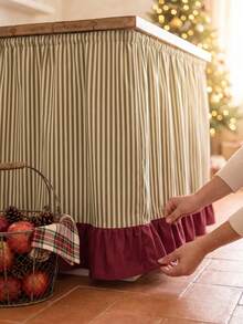 1pc Cream White With Green Stripes And Burgundy Patchwork Trim Kitchen Island Apron, Country Holiday Style Rectangular Top With Wood Grain Countertop And Burgundy Patchwork Skirt Bottom, Decorative Cover For Kitchen Island Cabinet, Suitable For Christmas Kitchen Decoration - Green - View 6