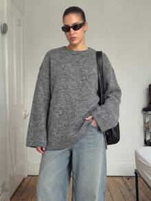 Women's Autumn/Winter New American Vintage Lazy Soft Oversized Wide Sleeve Sweater, Loose Slimming Round Neck Knit Top, Casual Versatile Blouse For Shopping - Grey - View 5