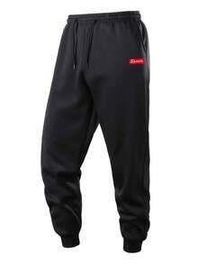 Men's Fleece Cuffed Sweatpants With Red Label Embroidery And Drawstring Waist Casual Long Pants - Black - View 2