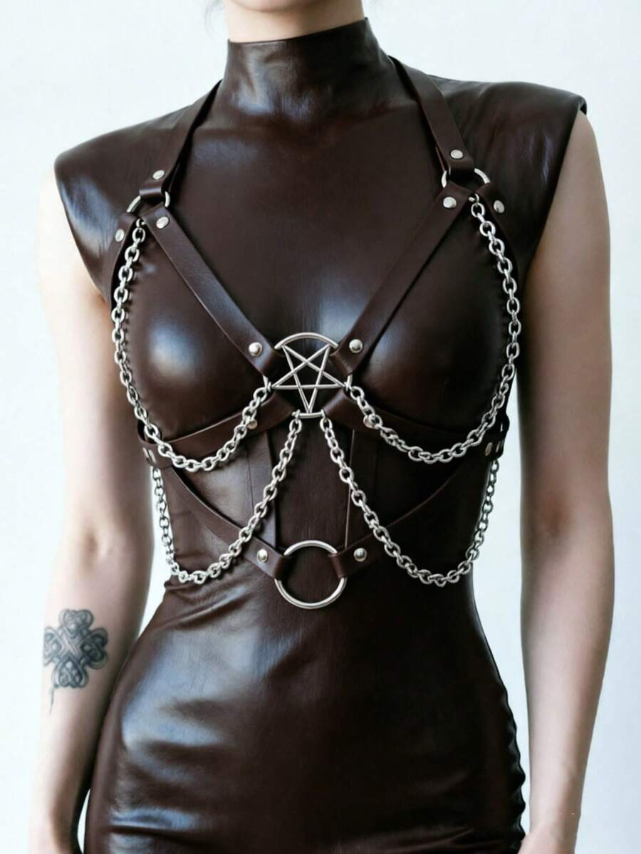 1pc Women's Gothic Coffee Color Punk Style Geometric Fringe Chain Sexy Bustier Harness, Suitable For Halloween Party Costume Decoration - Brown - View 1