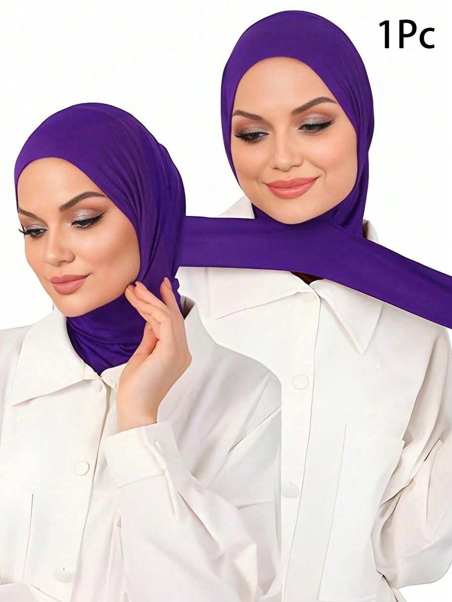 Awegeo 1pc Women's Hijab, Headwrap Convenient Headscarf Middle Eastern Style With Fixed Button, Comfortable Casual Headwrap - Purple - View 1