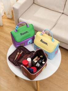 1pc Cute House Shaped Dopamine Color Makeup Bag, Large Capacity Cosmetic Storage Bag, Portable Travel Toiletry Bag With Beaded Handle, Can Hold Lipstick, Brushes, Suitable For Daily Use, Weekend Trips, Business Travel, Convenient To Carry Outdoor Cosmetic Storage Bag - Multicolor - View 3