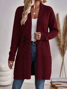 Plus Size Women's Color Solid Cardigan Sweater, Thigh-Length With Cardigan Collar And Fake Button Accents, Cozy Fall Winter Wear - Deep Red Flower - View 1