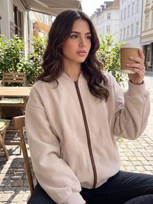 Women's Casual Woven Stand Collar Flight Jacket, Full Zip Design, Long Sleeve, Regular Length, Suitable For Autumn/Winter Wear - Apricot - View 3