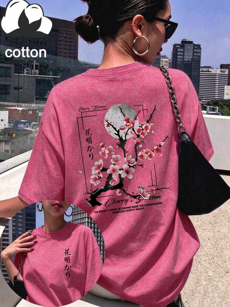 Plus Size Washed Cotton Short Sleeve T-Shirt - Cherry Blossom Print, Y2K Street & Preppy Style - Versatile Y2K Women's Wear - Dragon Summer - Dragon Fruit Color - View 1