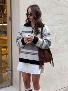 Inbloom 2026 Women's College Style Colorblock Striped Half-Zip Collar Loose Oversized Sweater, Casual Loose Long Sleeve Knit Pullover, Autumn/Winter Streetwear - Grey - View 6