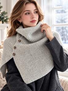 Stylish High-Neck Knitted Wrap Shawl Featuring An Asymmetrical Cut And Side Button Detailing; Warm, Comfortable, And Versatile For Stylish Layering Across All Seasons. - Multicolor - View 5