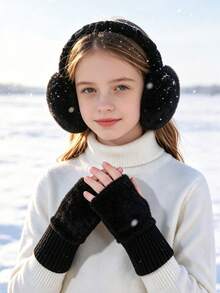 1Set Teen Girls Soft Plush Winter Accessory Set, Foldable Fluffy Earmuffs & Ribbed Knit Fingerless Gloves For Daily School Outdoor And Holiday Gifts - Earmuffs + Gloves - View 3