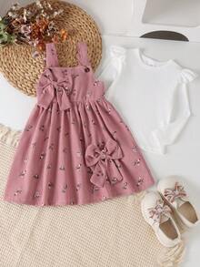 2pcs Young Girls Mori Style Comfortable Long Sleeve Top & Printed Corduroy Overall Dress Set, Thin Spring/Autumn - Pink - View 6