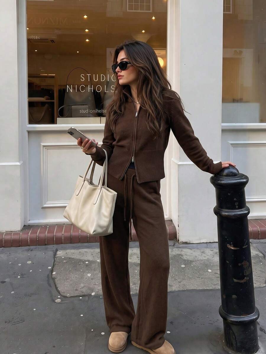 FOR BEAUTY Fall Winter Y2K Elegant Dark Brown Full Zip Up Stand Collar Knit Jacket Drawstring Wide Leg Pants Two Pieces Set Women Outfits - Coffee - View 1