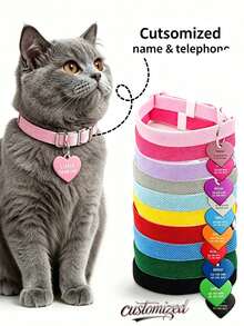 Personalized Custom Pet Anti-Lost Engraved ID Tag + High Elasticity Adjustable Collar, Pet Accessories, Personalized Custom Pet Heart-Shaped Ornament, Suitable For Small And Medium Cats And Dogs - Multicolor - View 13