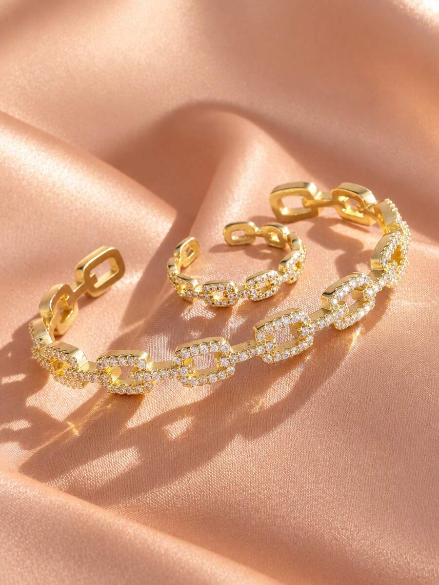 rakol 2pcs Fashion Asymmetrical Cubic Zirconia Decor Ring & Bracelet Set - Gold - View 1