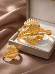 Letingsha Gold-Plated Textured Leaf Bracelet And Open Ring Set, Luxury Fashion Jewelry, Suitable For Women, Perfect For Weddings, Banquets And Daily Party Accessories - Yellow Gold - View 1