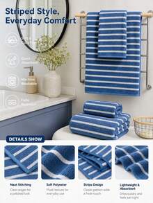 4/10PCS Blue Striped Microfiber Bathroom Towel Set, Lightweight Ultra Soft, Highly Absorbent & Quick Dry Towels For Bathroom, Spa 2 Bath 2 Hand 6 Washcloths - Teal Blue - View 3