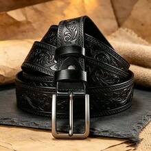 1pc Men's Buckle Belt, Exquisite Embossed Soft Strap, Fashionable Versatile Belt, Alloy Buckle Belt, Suitable For Jeans - Perfect Gift For Father And Husband - Black - View 3