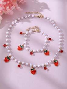 NAIZHU 2pcs/Set Kids Sweet Strawberry Cherry Fruit Faux Pearl Beaded Jewelry Set, Suitable For Daily Wear, Vacation, Party - Multicolor - View 2