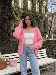 Women's Ribbed Knit V-Neck Cardigan, Long Sleeve Regular Fit Open-Knit Sweater, Slightly Elastic Light Pink Winter Coat - Pink - View 4