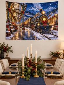 1PC Starlight Christmas Express Horizontal Wall Tapestry, Vintage Snowy Train Station Holiday Backdrop, Faux Ultra-Soft Polyester Single-Sided Print, White Overlock Edge, Multiple Sizes - Multicolor - View 12