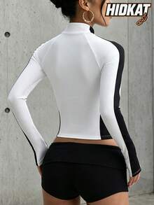 Hidkat Women's Fashion Solid Color Patchwork Stand Collar Zip-Up Cardigan Yoga Casual Sports Knit Jacket - Black and White - View 2