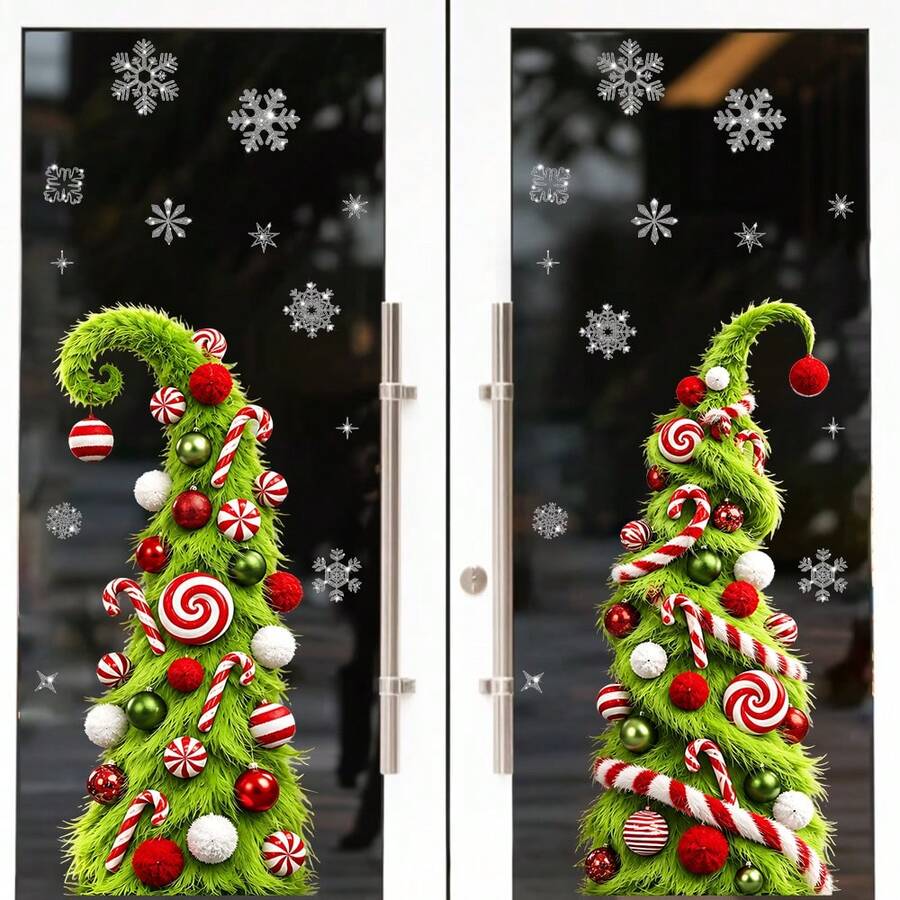 1/6pcs Cute Plush Christmas Tree With Candy Decor Window Sticker, Double-Sided Visible PVC Electrostatic Adsorption Glass Sticker, Suitable For Store And Home Christmas Decoration - Multicolor - View 1