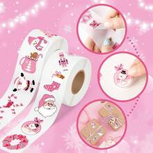 500pcs/Roll Christmas Holiday Decorative Sticker Set, Cute Pink Santa Claus, Snowman, Wreath Gift Packaging Stickers - Pink - View 3