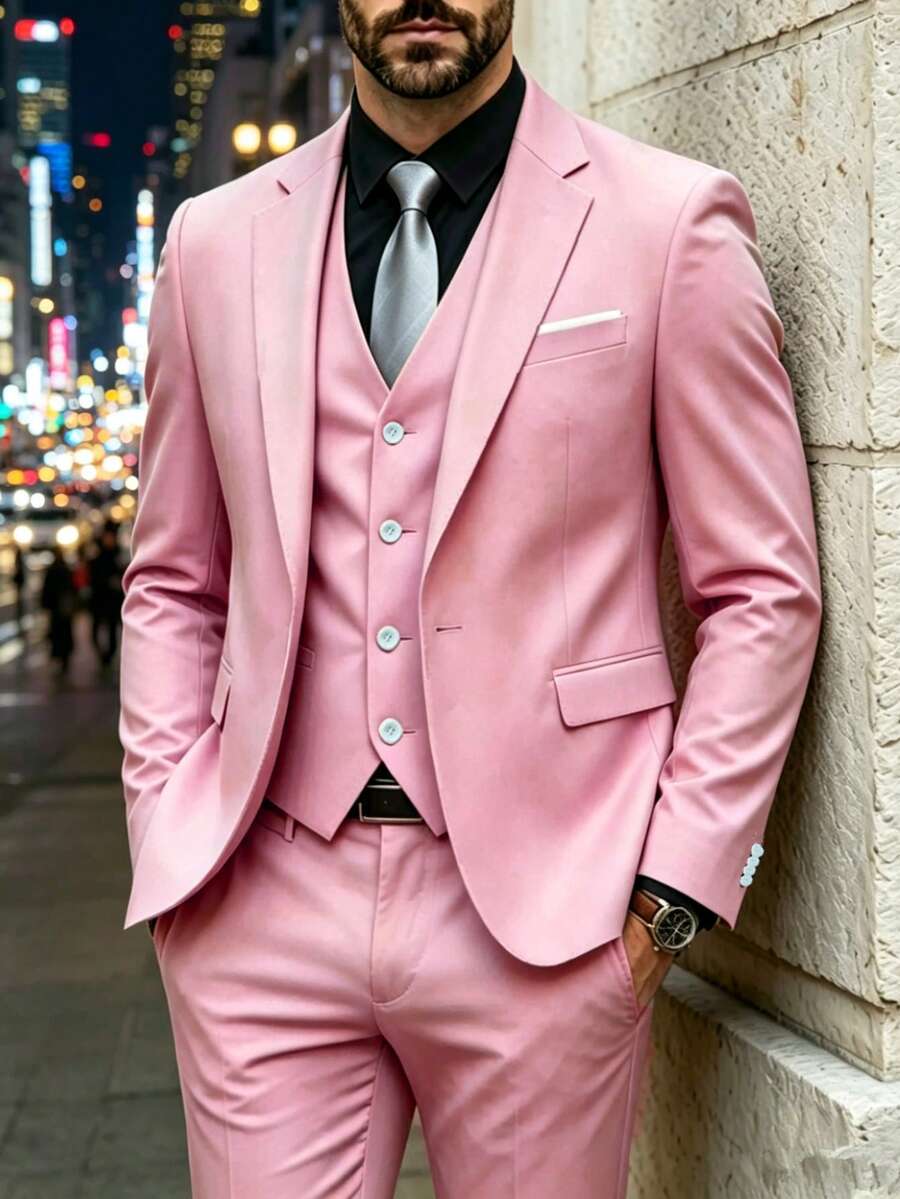 男士時尚商務西裝 春秋高質感正式辦公西裝 修身版型 新郎婚禮燕尾服外套 - 粉色 - 查看 1