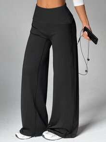 Women's Autumn/Winter Solid Color Butt-Lifting High-Waist Wide Leg Pants, New High-Waist Loose Straight Leg Slimming Casual Sports Pants, Designed Long Pants, Suitable For Fitness, Sports, Outdoor, Pilates, Yoga, Halloween Outfit, Airport Outfit, Autumn/Winter Long Pants, New York Fashion Week, Best Seller - Black - View 4