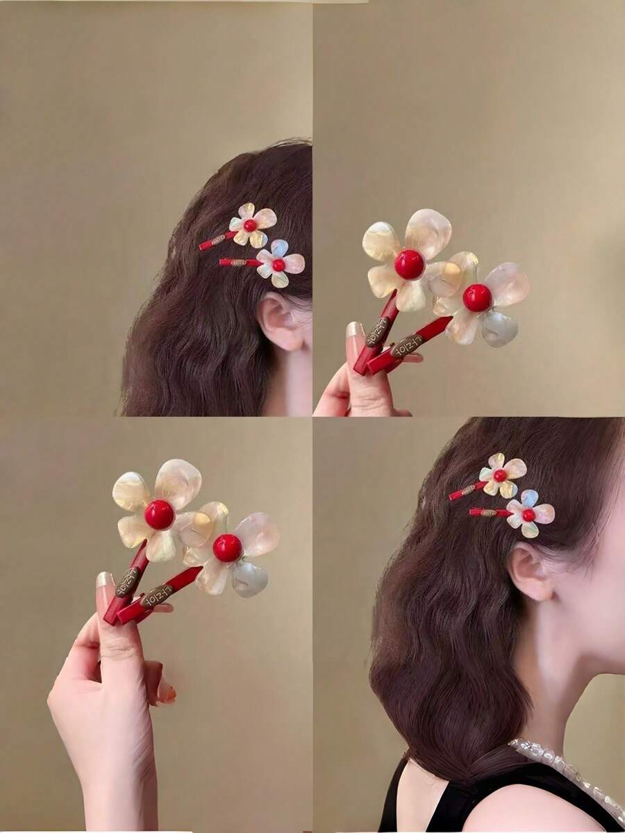 2pcs Floral Print Cute Iridescent Acetate Flower Hair Clips Side Hair Clips 2026 New Style Bangs Clips Premium Forehead Hair Accessories - Multicolor - View 1
