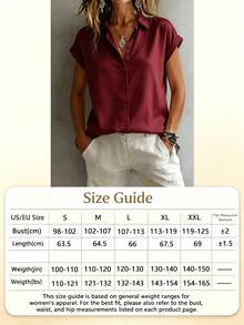 Women's Fashionable Short Sleeve Collared Shirt, Versatile Loose Casual Commute Vest Top, Solid Color Button Front, Daily Wear Summer - Burgundy - View 6