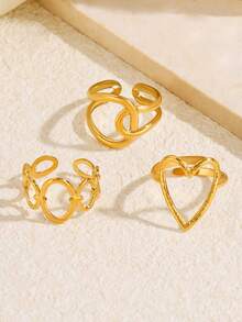 3pcs Stainless Steel Gold Fashion Elegant Minimalist Casual Geometric Oval Heart Rings Set Suitable For Women Daily, Holiday, Date, Shopping Wear - Multicolor - View 5