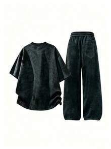 Men's Spring Summer Autumn Casual Fashion Streetwear Washed Drop Shoulder Loose T-Shirt And Drawstring Waist Long Pants Set - Black - View 2