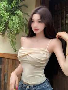 Deconstructed Spaghetti Strap Fitted Cropped Knot Design Fashion Casual, Autumn/Winter Base Layer Tank Top - Apricot - View 5