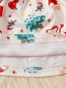 Baby Girl Autumn/Winter Long Sleeve Christmas Style All-Over Print Reindeer & Santa Claus Pattern Big Cinched Waist Cinched Flutter Sleeve Dress With Matching Headband, Suitable For Christmas Holiday Outfit - Apricot - View 7