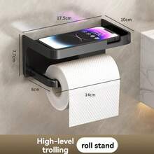 No-Drill Wall-Mounted Toilet Paper Holder With Storage Shelf, Bathroom Paper Towel Box, Multi-Function Bathroom Roll Paper Storage Rack With Built-In Phone Holder, Waterproof Bathroom Restroom Home Storage Decor Accessory - Multicolor - View 12