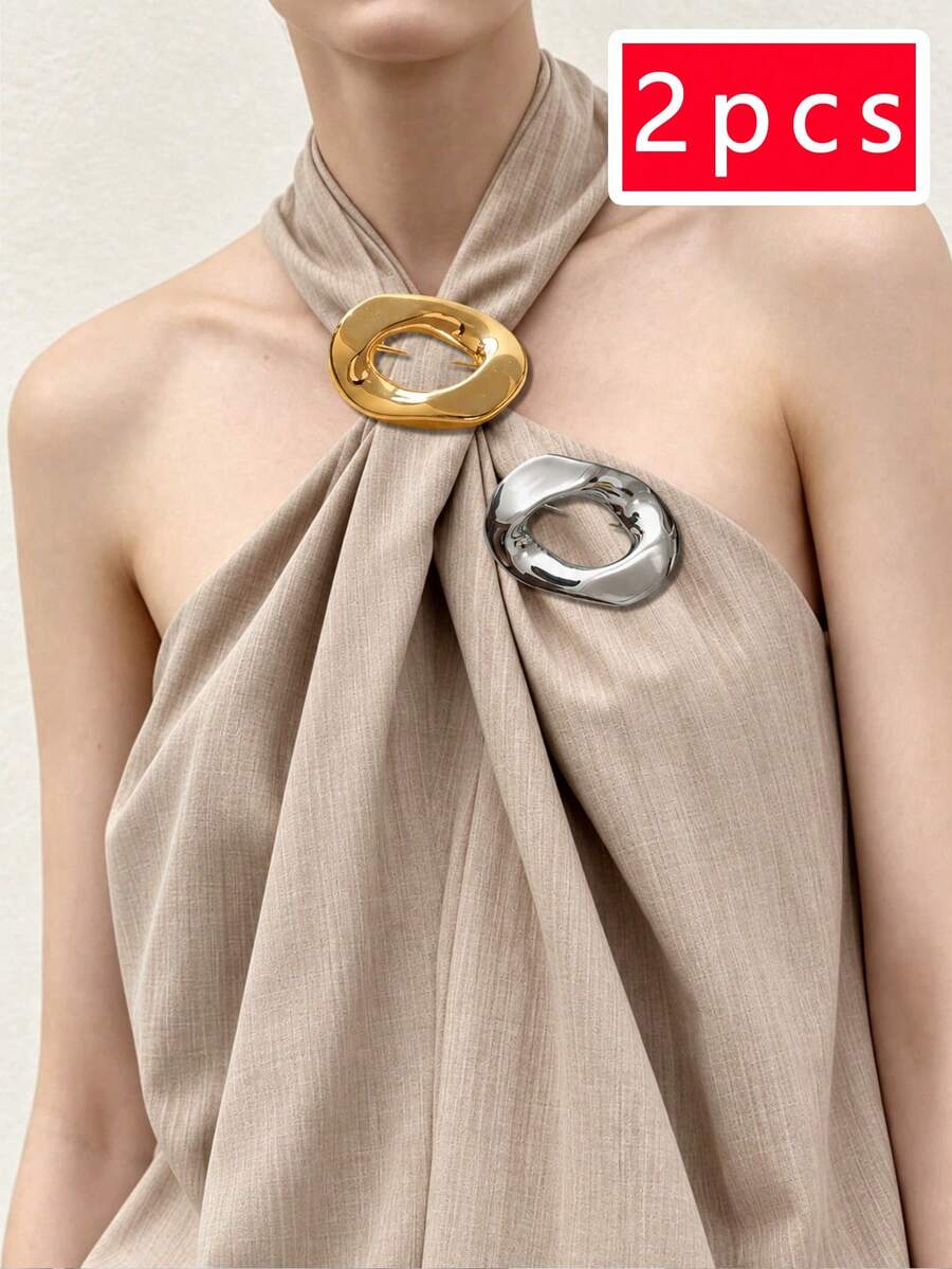 2pcs Asymmetrical Hollow Metal Brooch, Multi-Functional Polished Scarf Clip, T-Shirt Clip, Commute Dress Outerwear Accessory