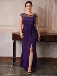 EVERPRETTY Gaun Ungu Panjang Berpayet Elegan Tanpa Badan, Cocok untuk Tamu Pernikahan - Purple - View 4
