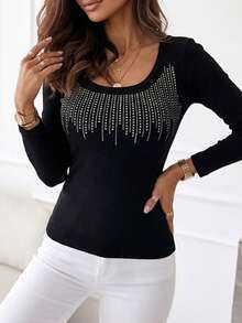 ChicMe Áo thun dệt kim nữ cổ tròn ôm sát tay dài gân, đính đá rhinestone, áo mặc lớp kiểu pullover thanh lịch - màu đen - Xem 1