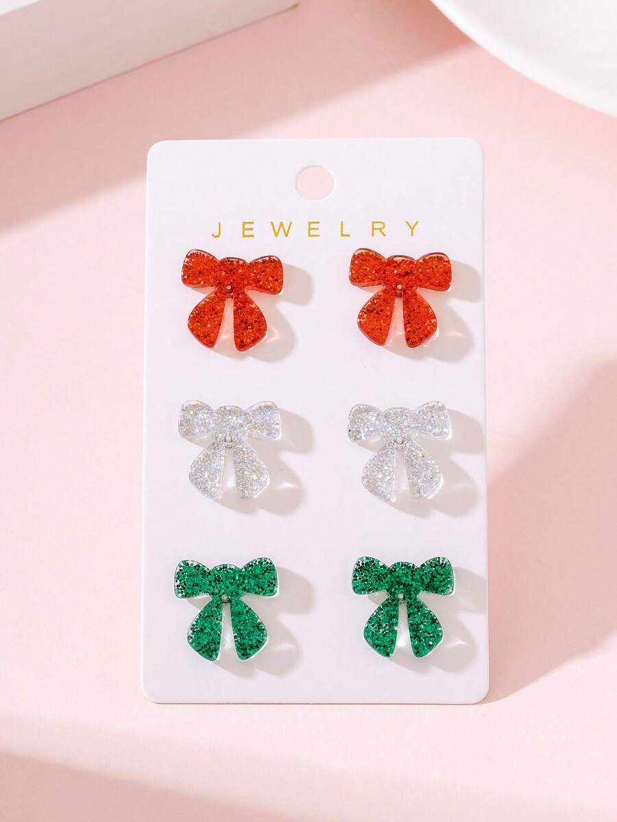 3 Pairs/Set Christmas Sparkling Bow Design Women's Earrings, Perfect Gift For Holiday Parties - Multicolor - View 1