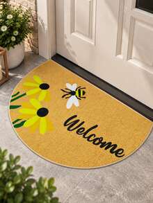 Semi-Circular Welcome Doormat, Sunflower & Bee Welcome Pattern, Bright Welcoming Decorative Design, Edged Construction Adds Layered Look To Entrance, Suitable For Front Door, Entryway, Foyer And Hallway - Brown - View 1
