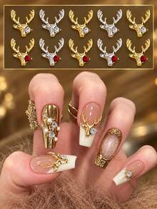 10Pcs 3D Deer Head Nail Charms Gold Silver Alloy Elk Nail Rhinestones Metal Crystal Nail Art Decorations DIY Manicure Accessories - Multicolor - View 3