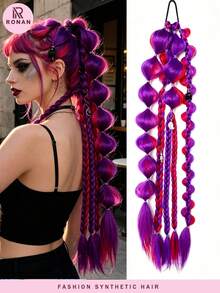 1pc 24inch Multi Colored Bubble Braided Ponytail Wig, Cool Girl Hand Braided Hair - Multicolor - View 2